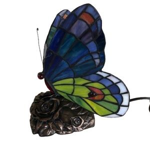 Quoizel, Inc. Tiffany Style Stained Glass Butterfly Lamp w/ Bronze Rose Base